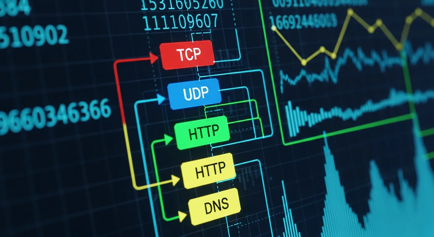 Network packet analysis showing protocol layers with TCP UDP HTTP DNS highlighted