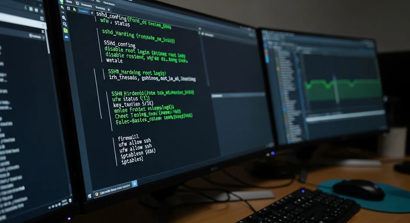 Linux server security configuration with SSH hardening and firewall rules