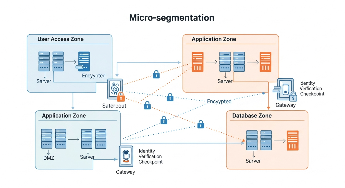 Zero Trust network architecture showing micro-segmentation and identity verification checkpoints