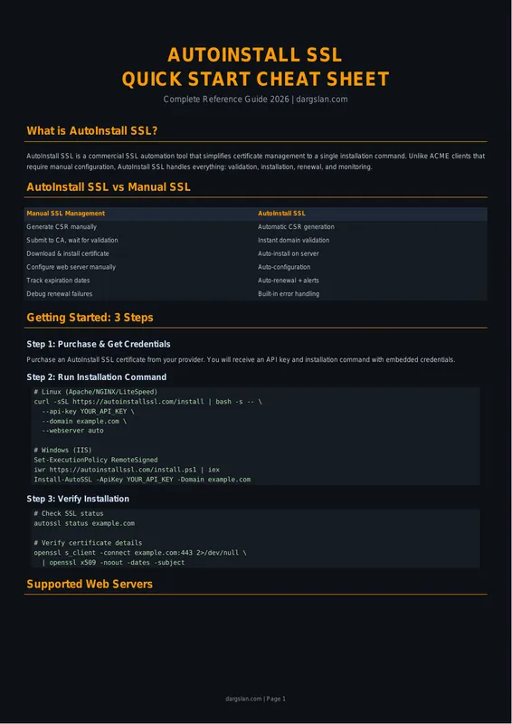 AutoInstall SSL Quick Start Cheat Sheet 2026