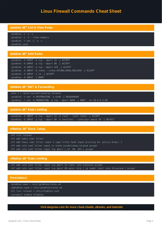 Linux Firewall Commands Cheat Sheet